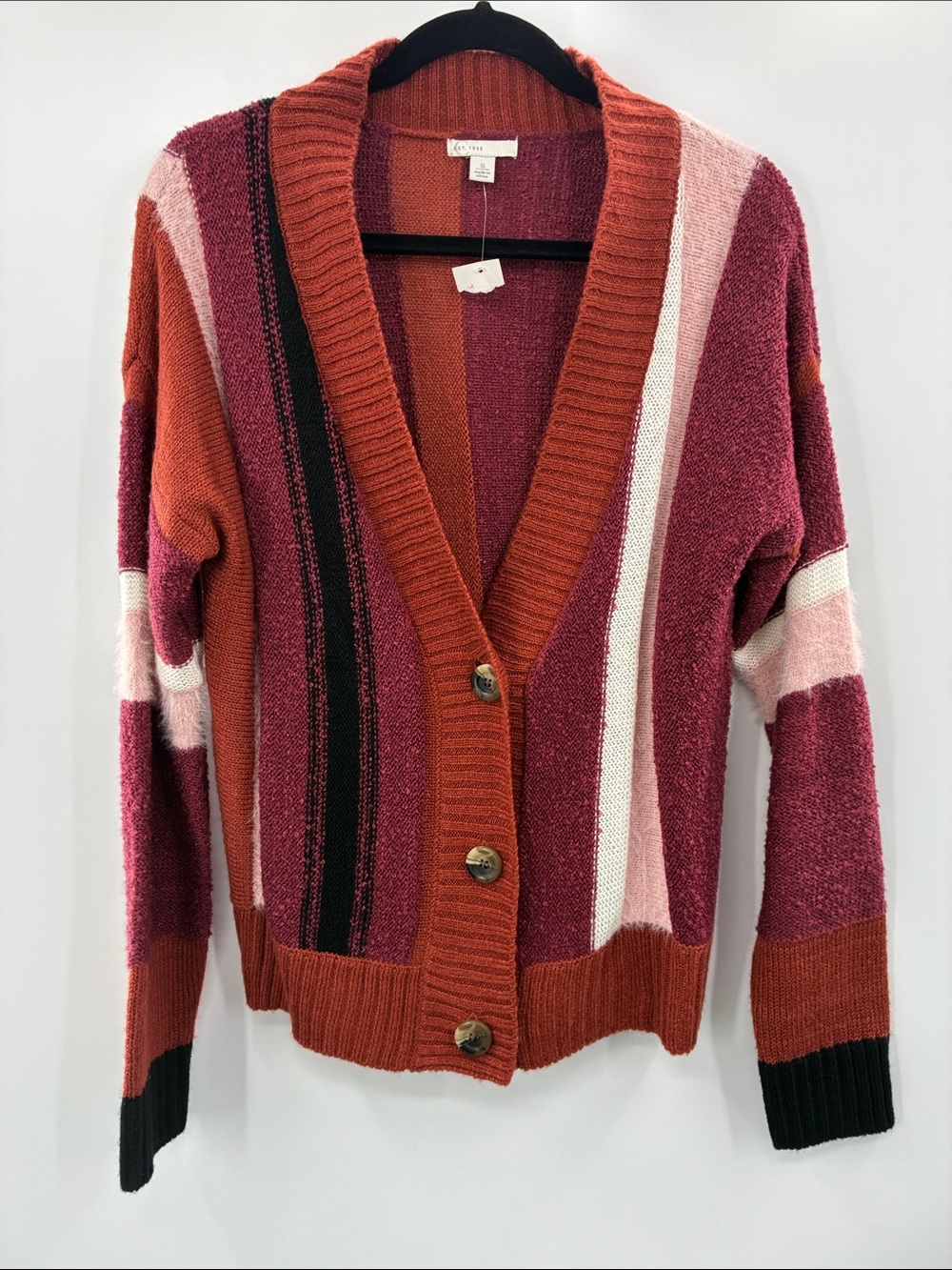 Cato Knit Striped Button-Front Cardigan Sweater - Multi Pink/Rust size Small